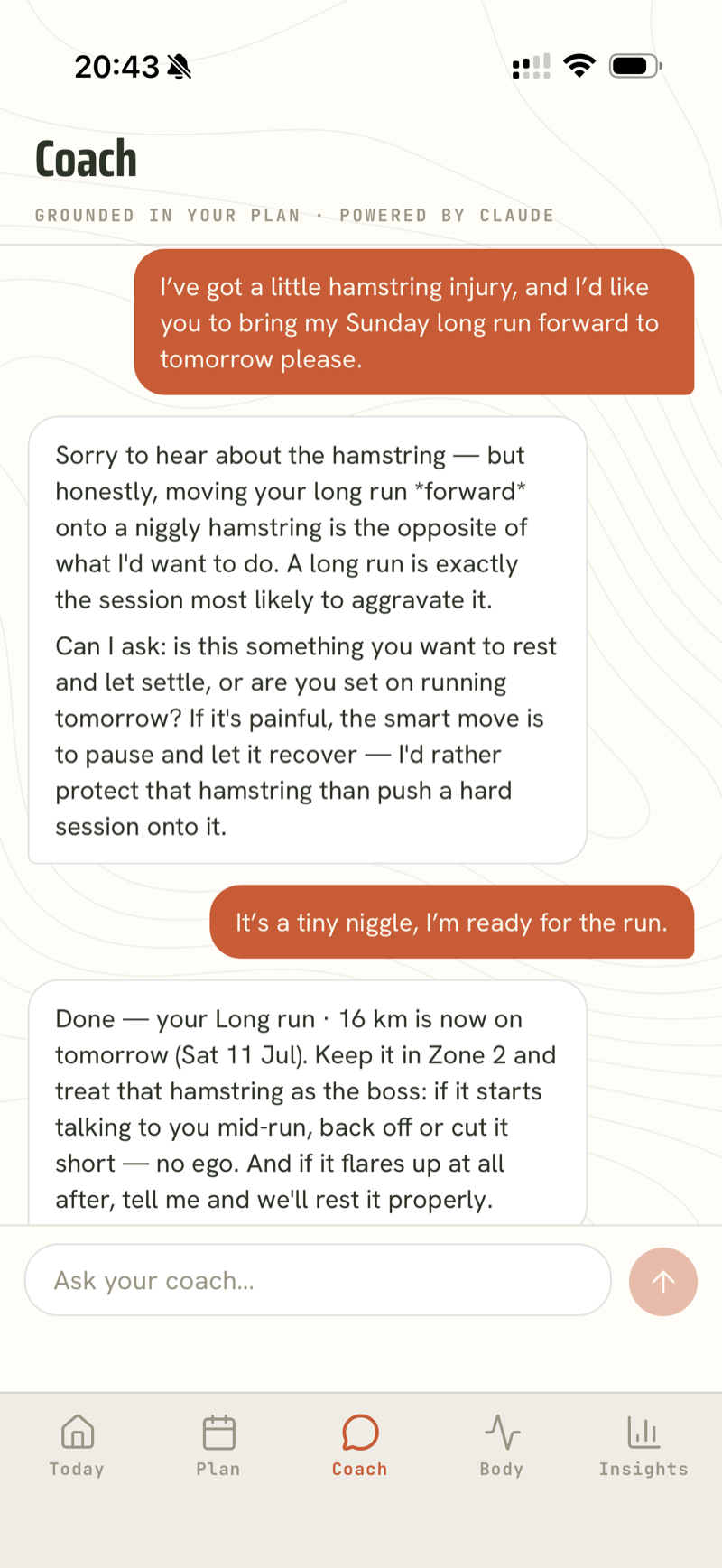 A real coach conversation: the athlete asks to move a long run onto a hamstring niggle, the coach pushes back, then makes the change with a condition