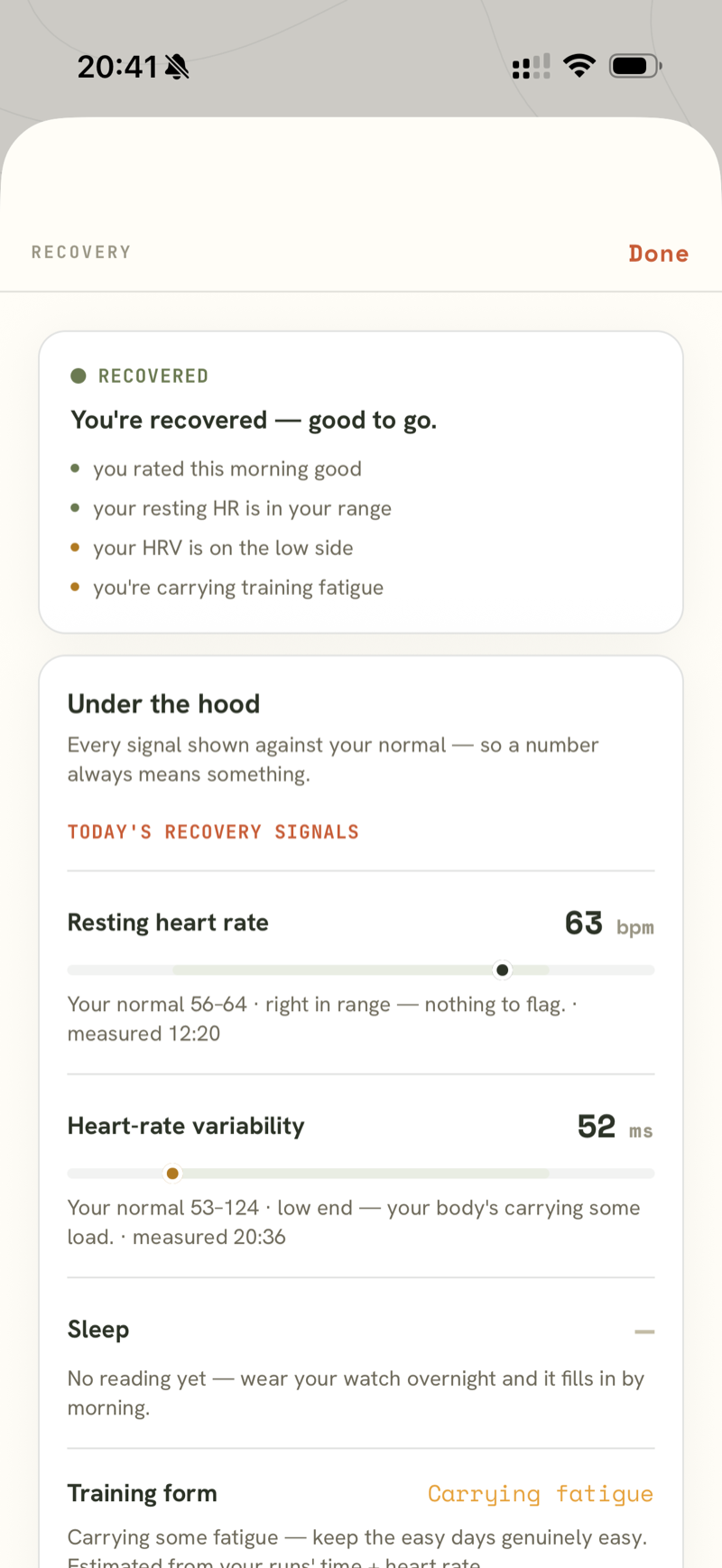 The recovery detail: resting heart rate and HRV shown as band bars against the athlete's own normal range