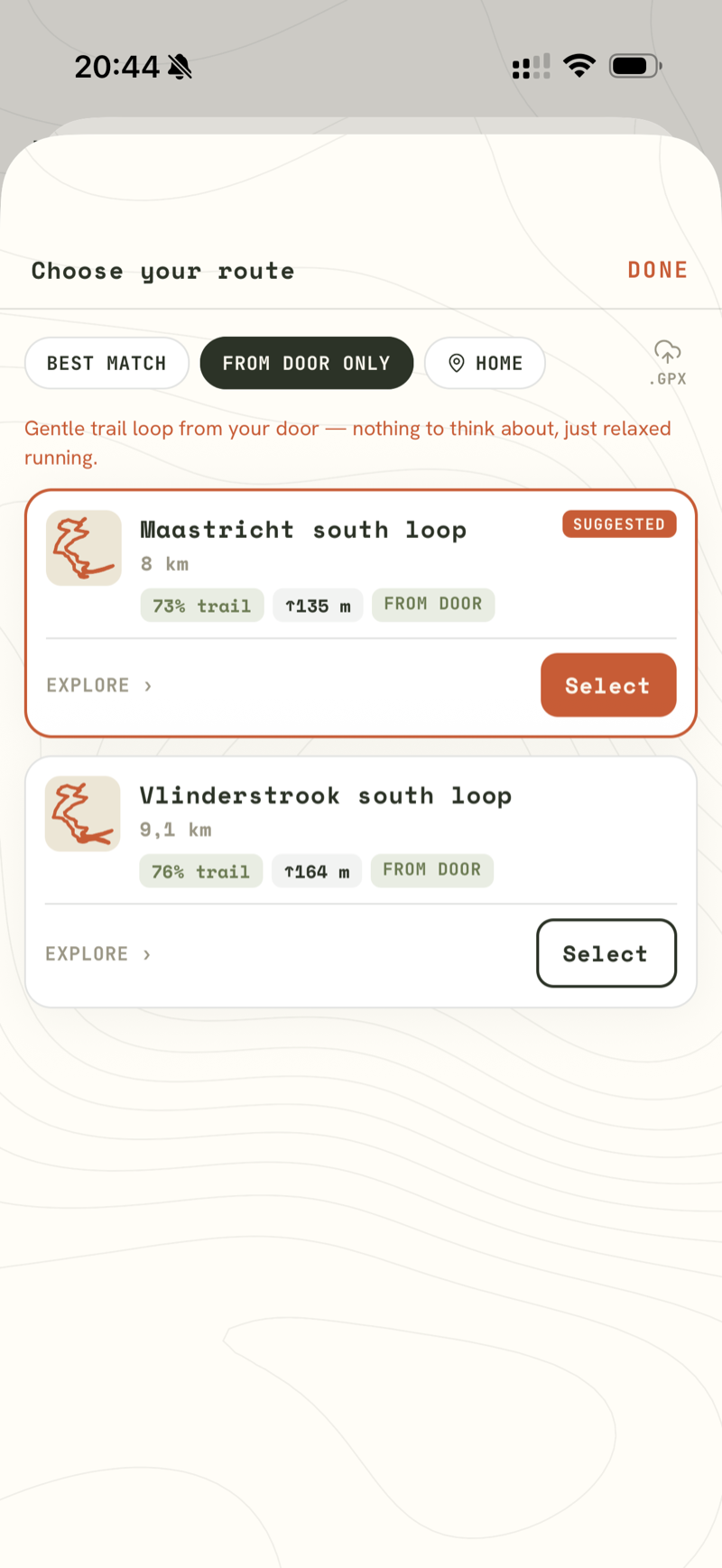 The route picker suggesting two loops from the athlete's door at 73% and 76% trail