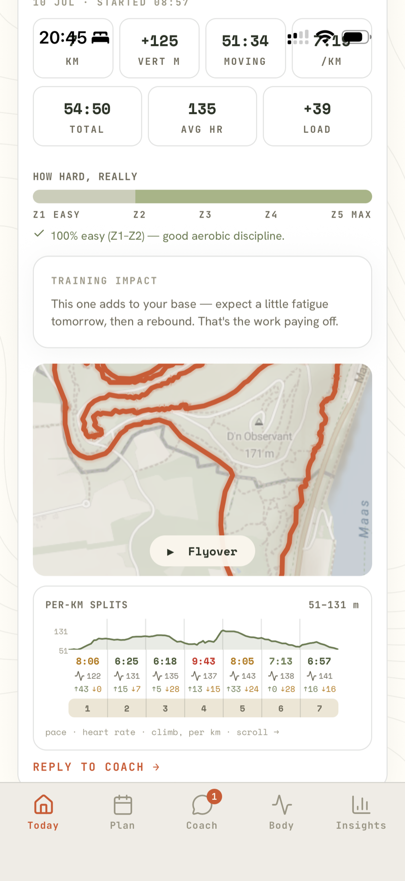 A finished trail run: heart-rate zone bar, training impact, the route on a topo map and per-km splits