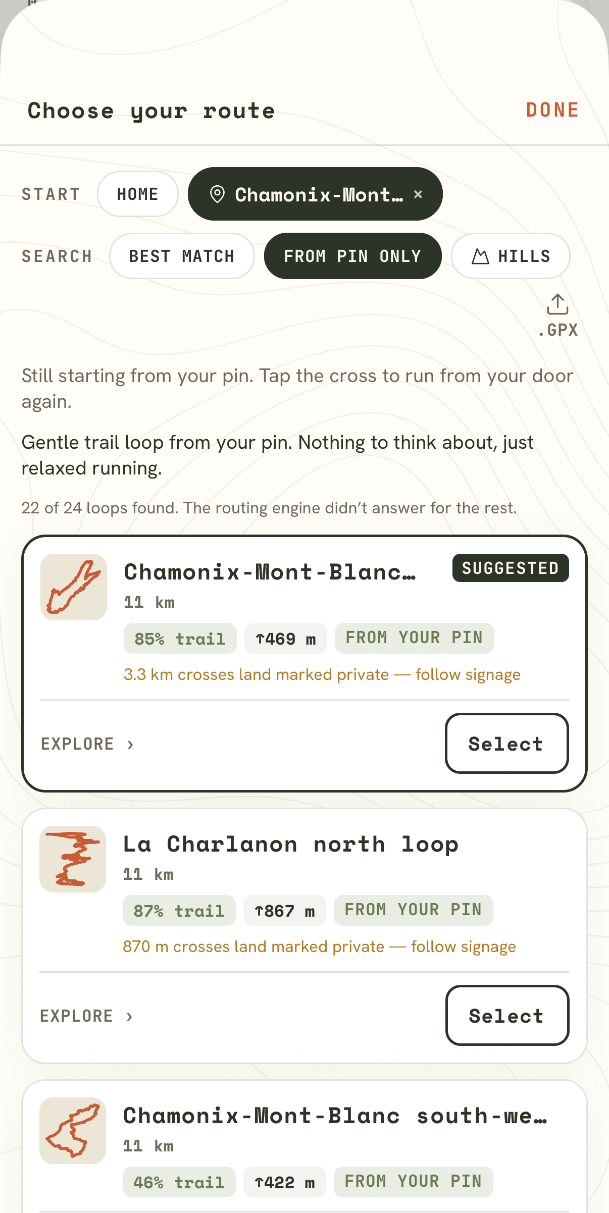 The Peak Days route chooser mid-build at Chamonix: generated loops with trail share, climb and drive shown on real trails