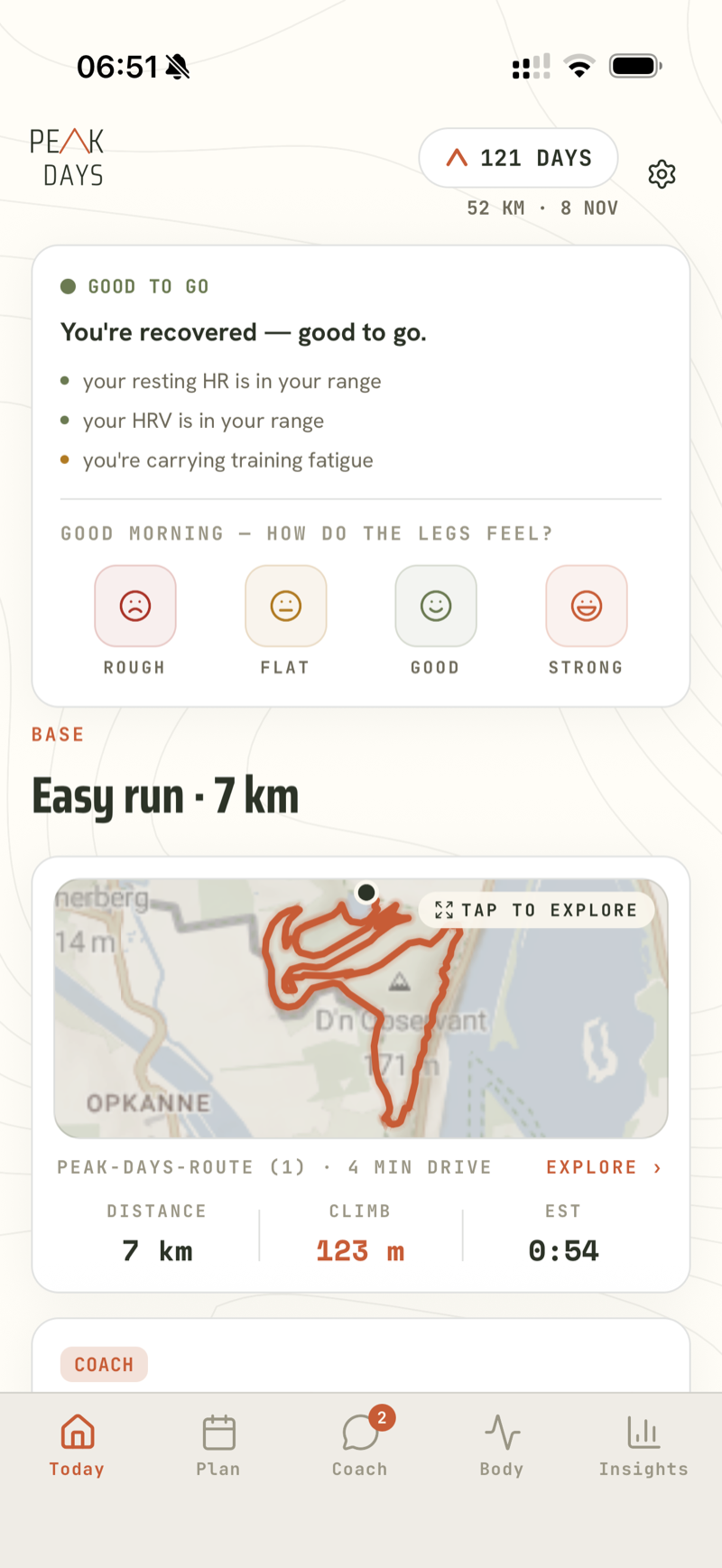 Peak Days Today screen: a green Good-to-go morning read above today's planned trail run with its route